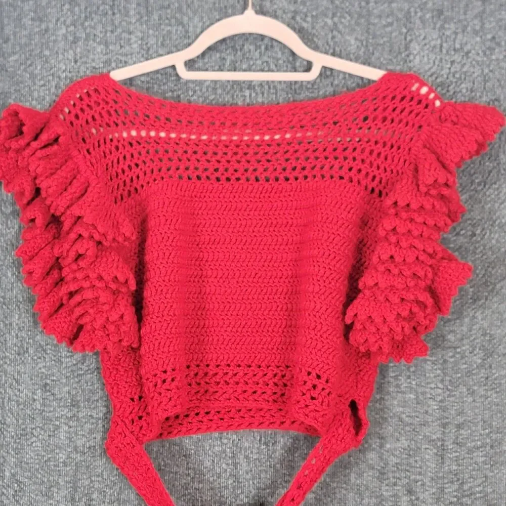 Handmade Crochet Knit Crop Top Womens S Red Short Ruffle Sleeve Wrap Tie Waist